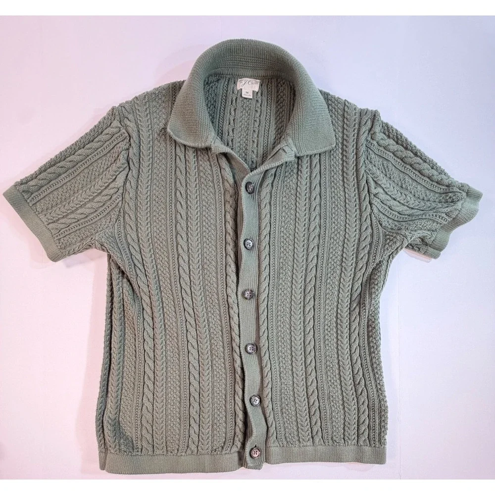 J. Crew Mens Short Sleeve Cable Knit Cardigan Sweater Sage Green Button Front M